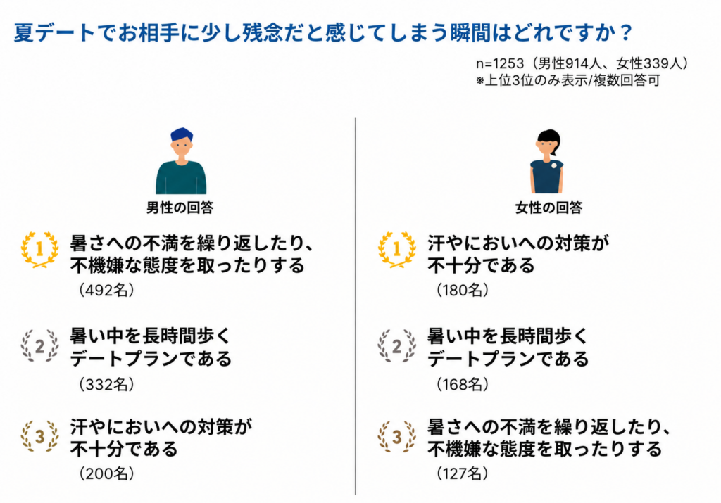 夏のデートでお相手に少し残念だなと感じてしまう瞬間【IBJ結婚みらい研究所】